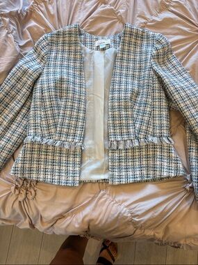 Fringed Open-Front Tweed Jacket in Blue & Cream